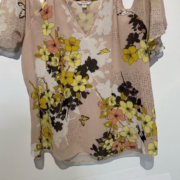 Guess Women's Multicolor Floral Cold Shoulder Sheer Sleeve V-Neck Blouse Medium - Picture 2 of 7